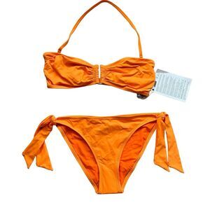 Iris & Ink‎ Women’s M Dalia Ruched Bandeau Bikini Orange Removable Strap New
